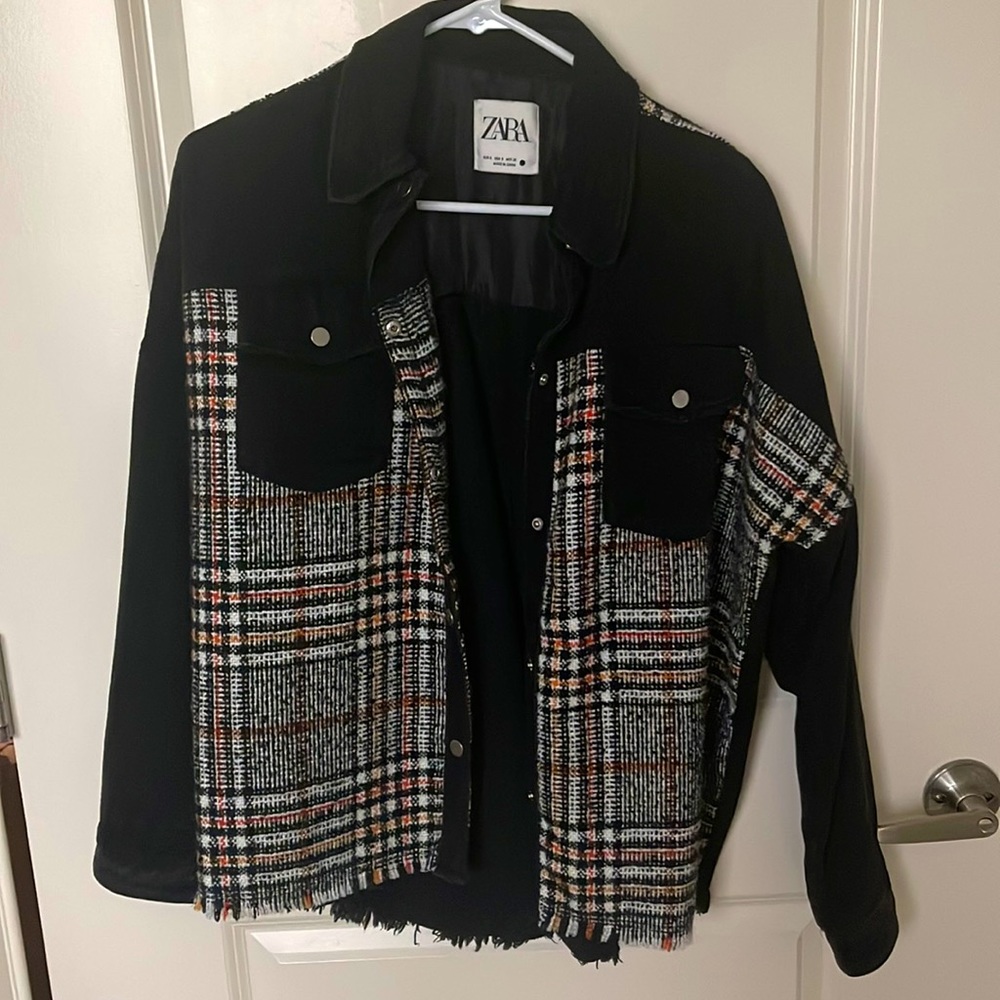 Denim jacket with wool detail and frayed hem